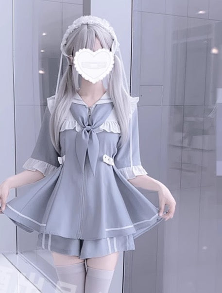 ★Immediate delivery★XL Domestic shipping in stock! Sailor collar hoodie top and shorts set up long sleeve and short sleeve, 2way