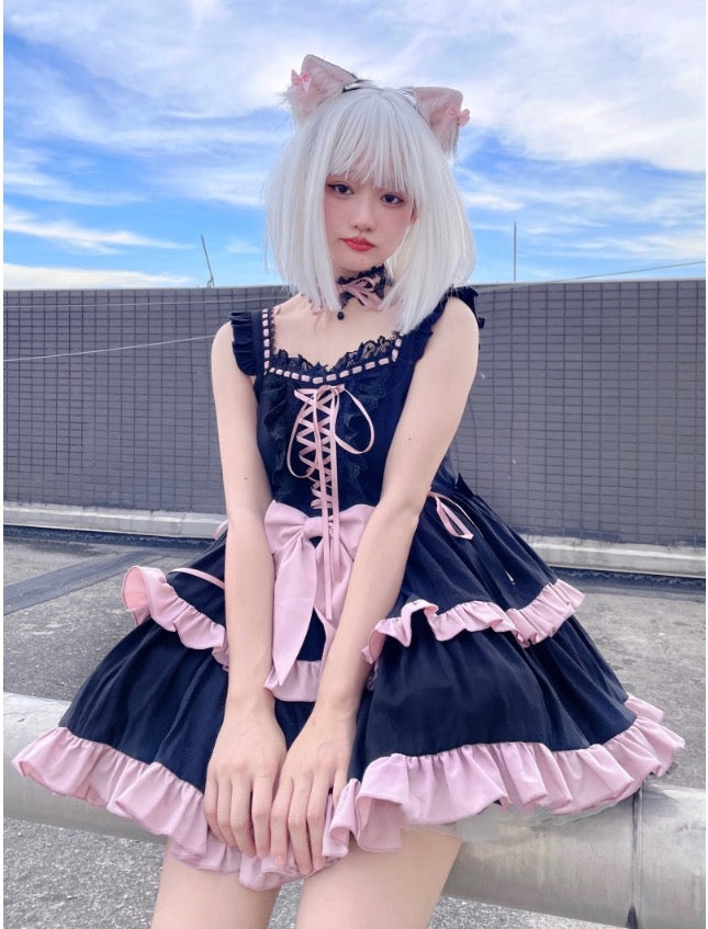 ピンクと黒の地雷系 レースアップロリィタワンピース
