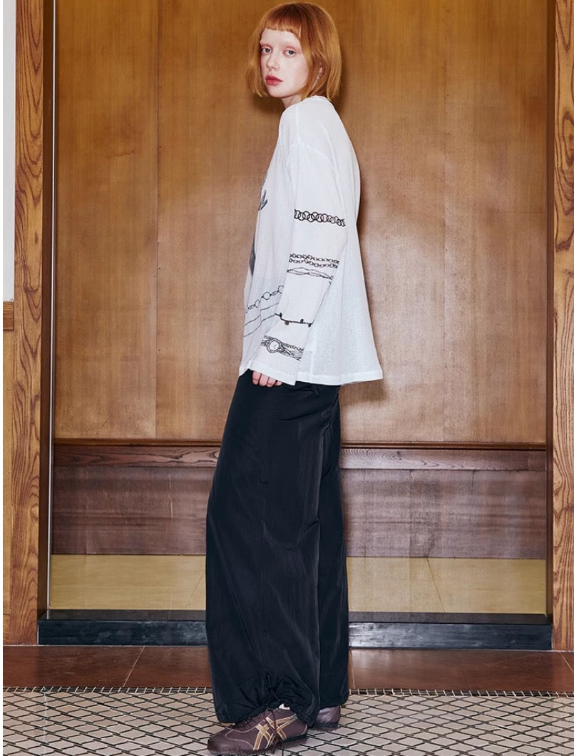 DIDDIMODA ネクタイ柄プリント シースルー長袖トップス