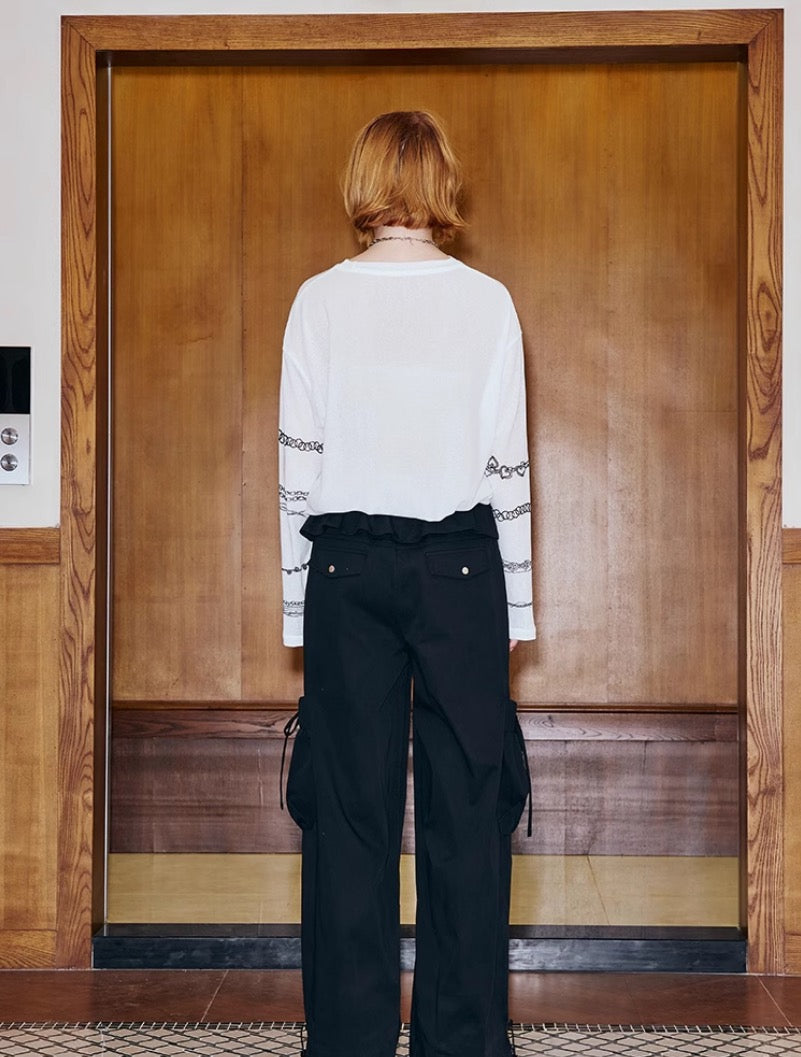 DIDDIMODA ネクタイ柄プリント シースルー長袖トップス