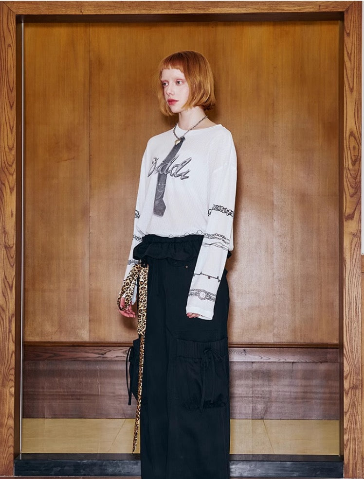 DIDDIMODA ネクタイ柄プリント シースルー長袖トップス
