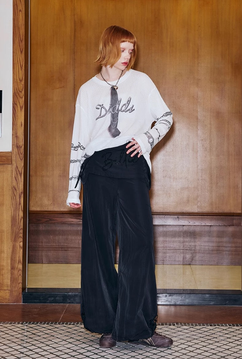 DIDDIMODA ネクタイ柄プリント シースルー長袖トップス