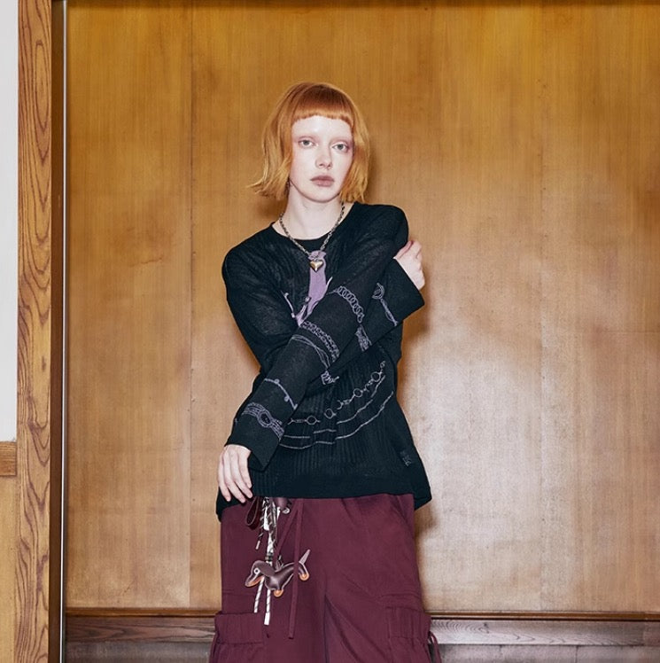 DIDDIMODA ネクタイ柄プリント シースルー長袖トップス