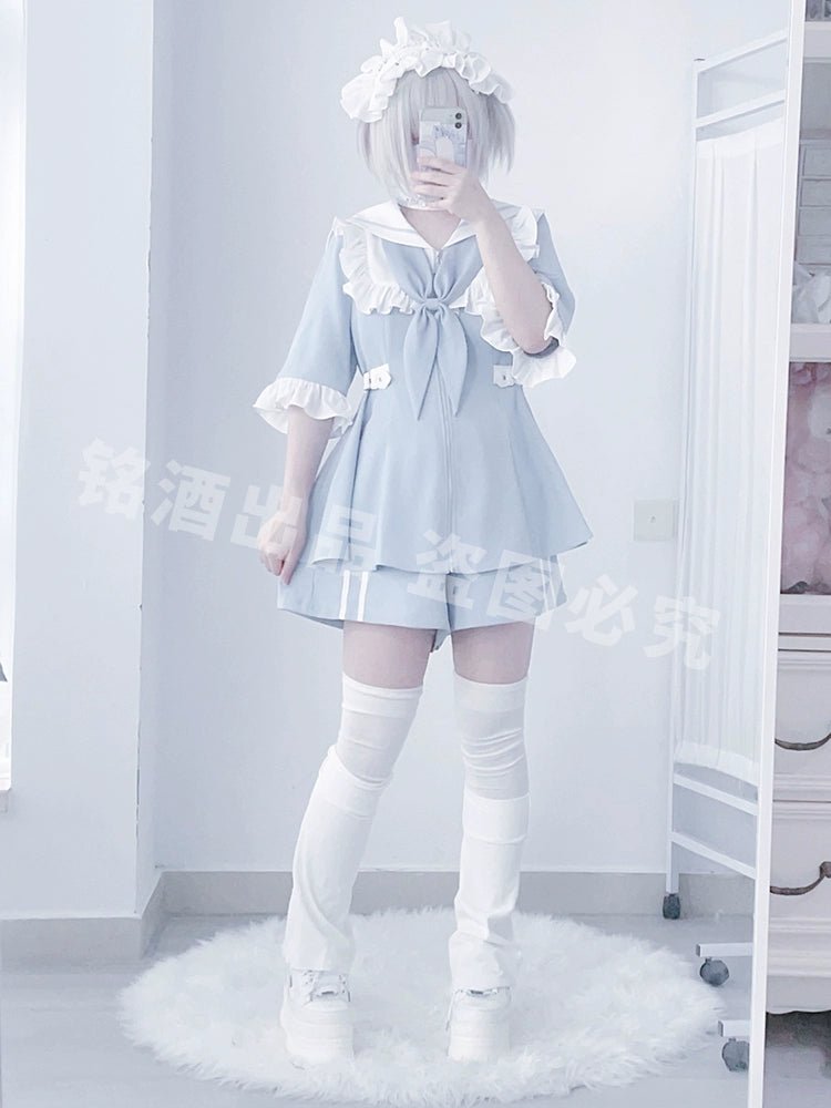 セーラー衿パーカートップスとハーフパンツセットアップ 長袖と半袖、2way - grimoire