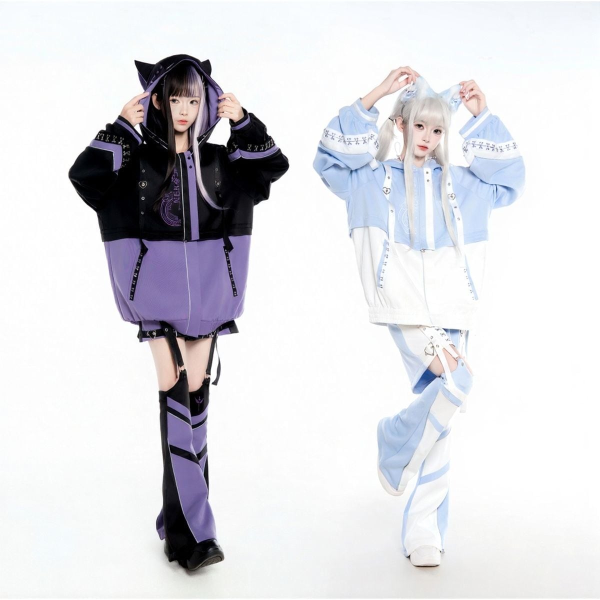 Y3K天使界隈 猫耳ジャージセットアップ – 水色系統サブカル近未来コーデ