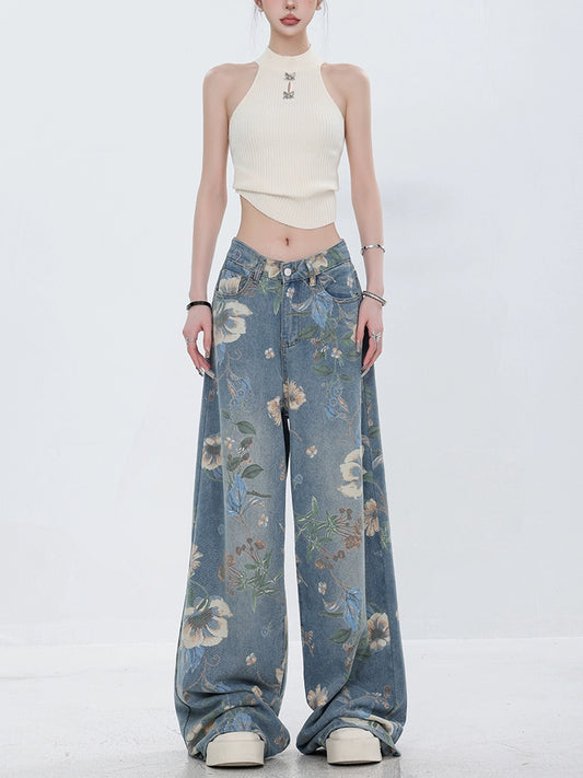 ABWEAR Flower Design Wide Denim Pants