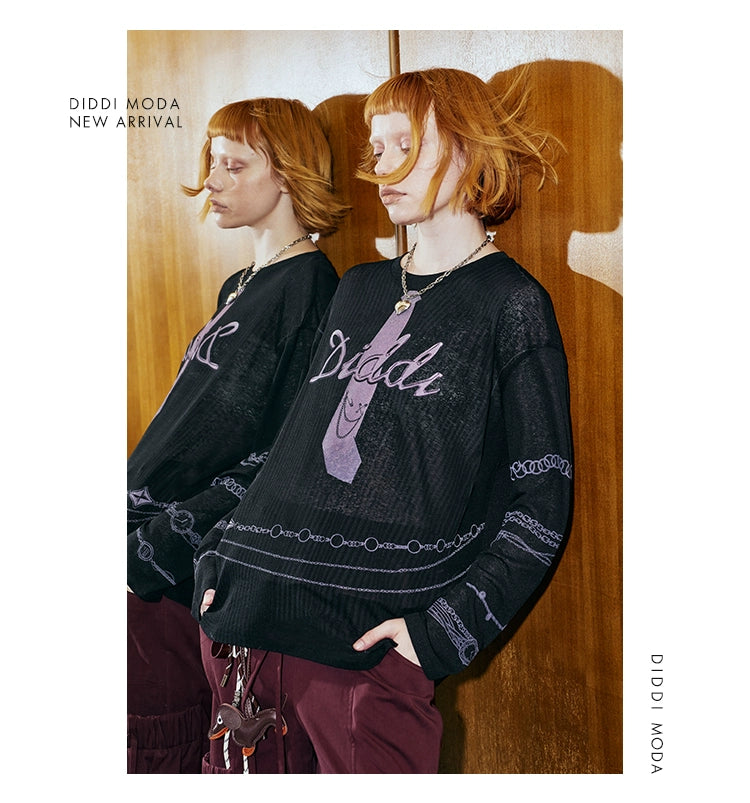 DIDDIMODA ネクタイ柄プリント シースルー長袖トップス