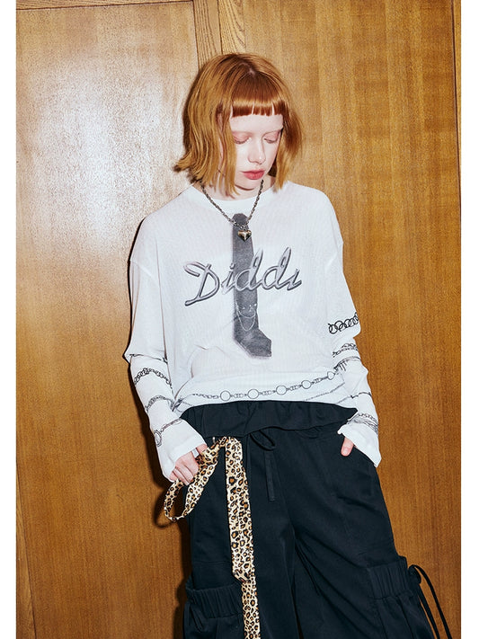 DIDDIMODA Tie Print See-Through Long Sleeve Top