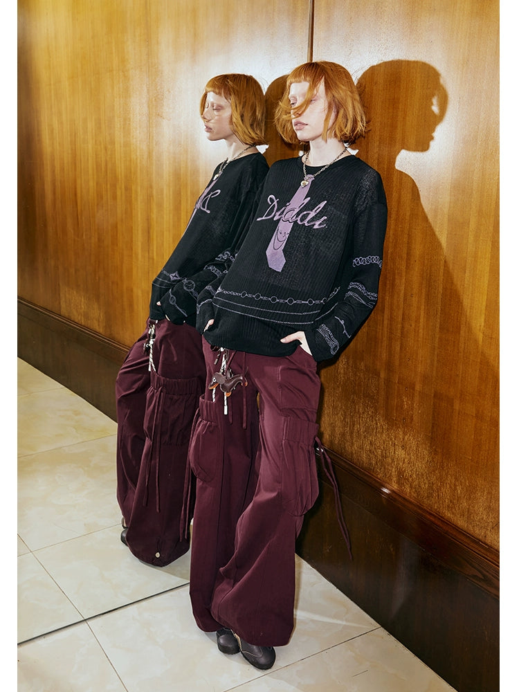 DIDDIMODA ネクタイ柄プリント シースルー長袖トップス