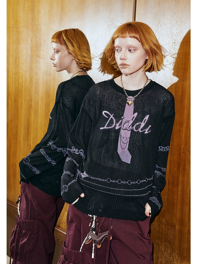 DIDDIMODA ネクタイ柄プリント シースルー長袖トップス