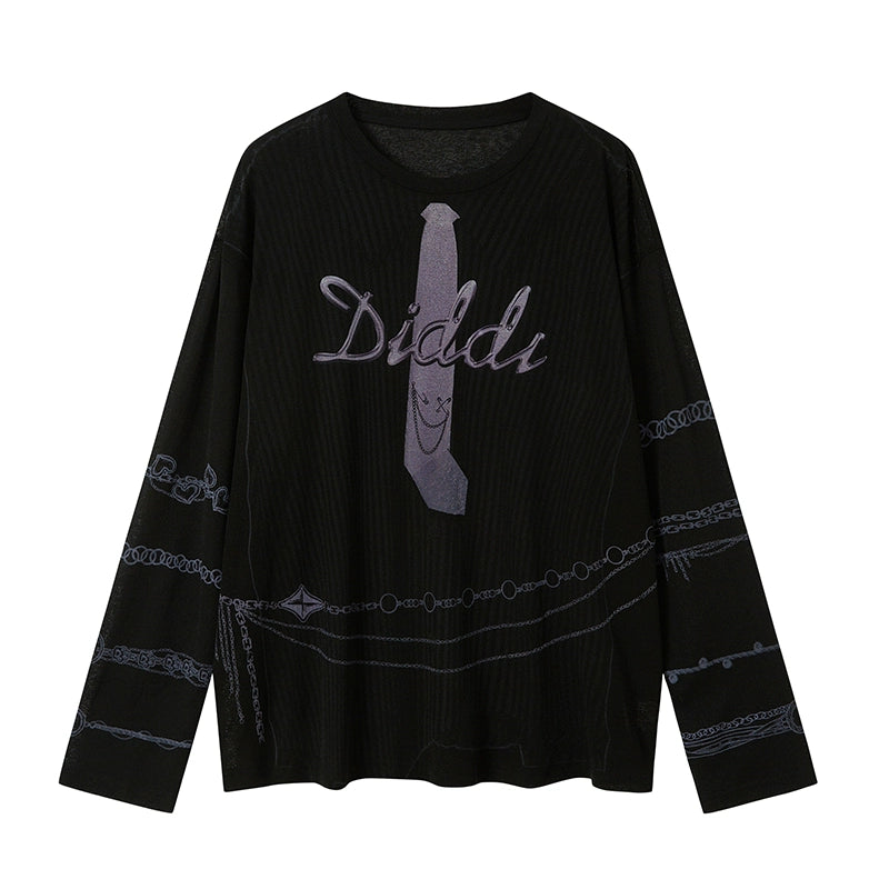 DIDDIMODA ネクタイ柄プリント シースルー長袖トップス