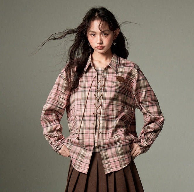 DIDDI MODA 編み上げレトロチェック柄レディースシャツ - grimoire