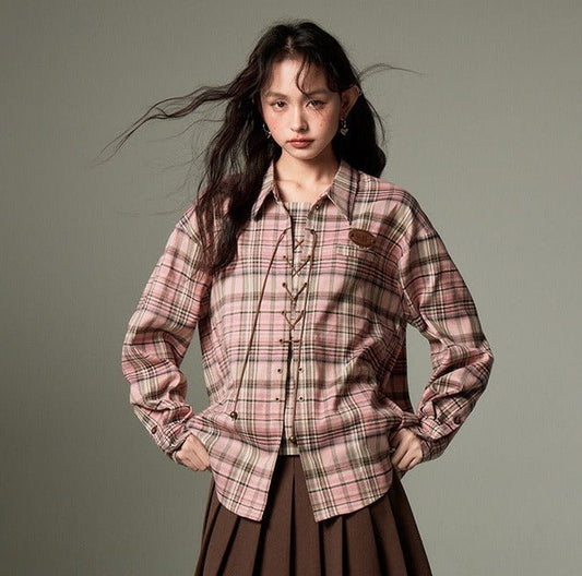DIDDI MODA 編み上げレトロチェック柄レディースシャツ - grimoire