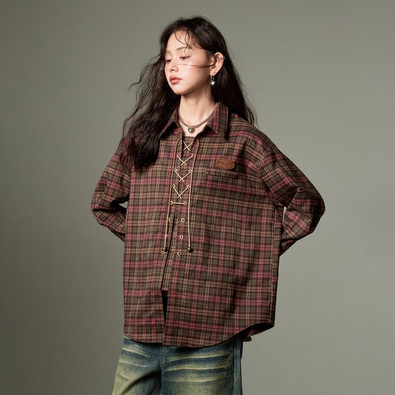 DIDDI MODA 編み上げレトロチェック柄レディースシャツ - grimoire