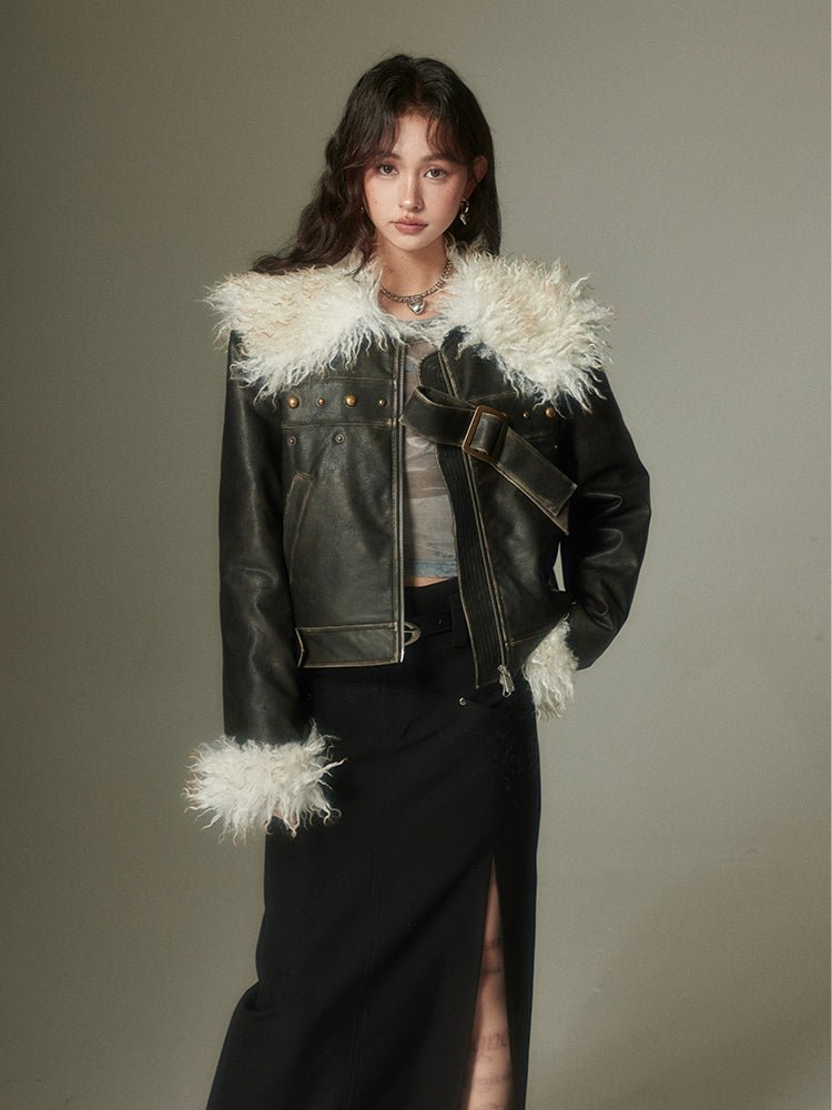 DIDDI MODA ファー付きラペルブラックレザージャケット - grimoire