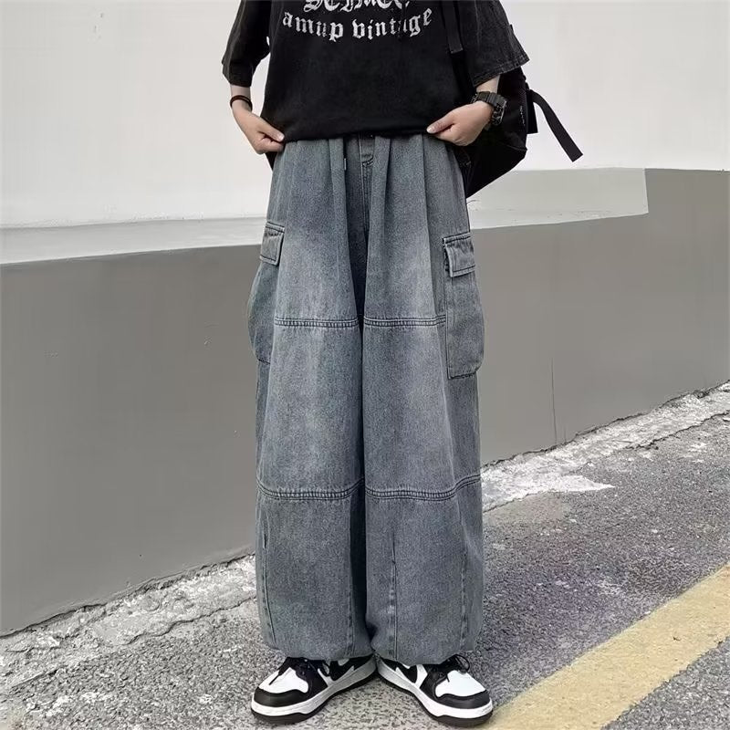 ヴィンテージ加工デニム ワイドデニムパラシュートカーゴパンツ サイドポケット裾ドローコード - grimoire