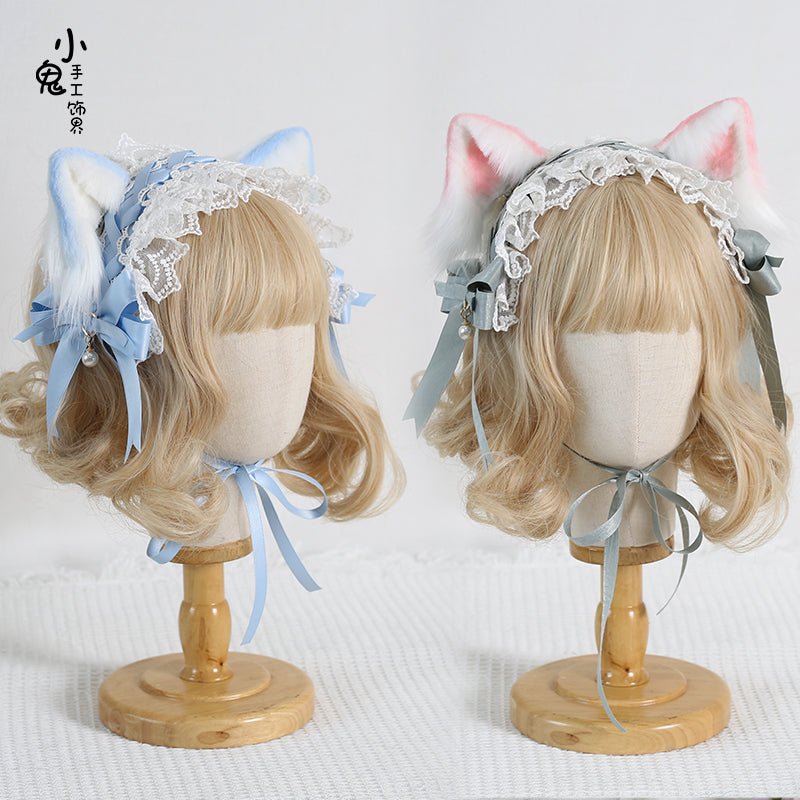 レースとサテンリボンのヘッドドレス ノーマル&猫耳付き 水色界隈 - grimoire
