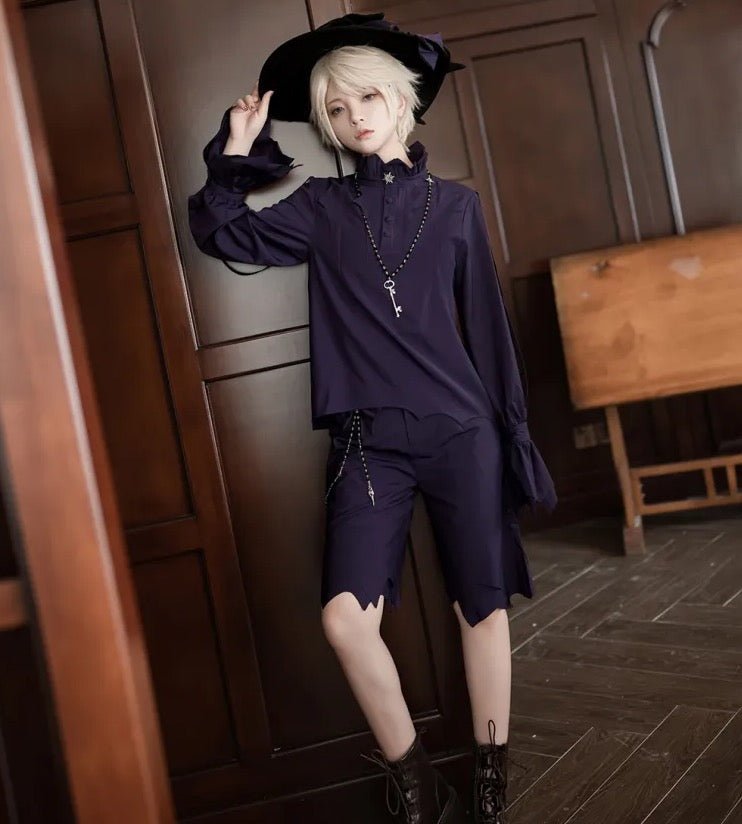 皇子系 ハンカチーフカフスのスタンドカラーブラウスとイレギュラーヘムショートパンツ - grimoire
