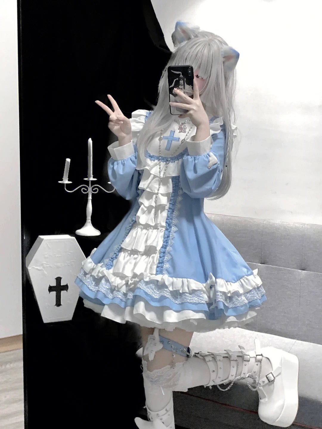 天使界隈 ゴシック修道女風ワンピース 水色界隈 - grimoire