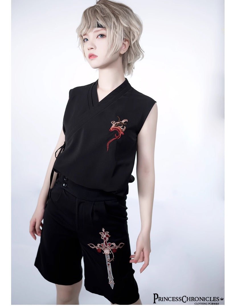 皇子系 薔薇と剣の刺繍入りショートパンツ - grimoire