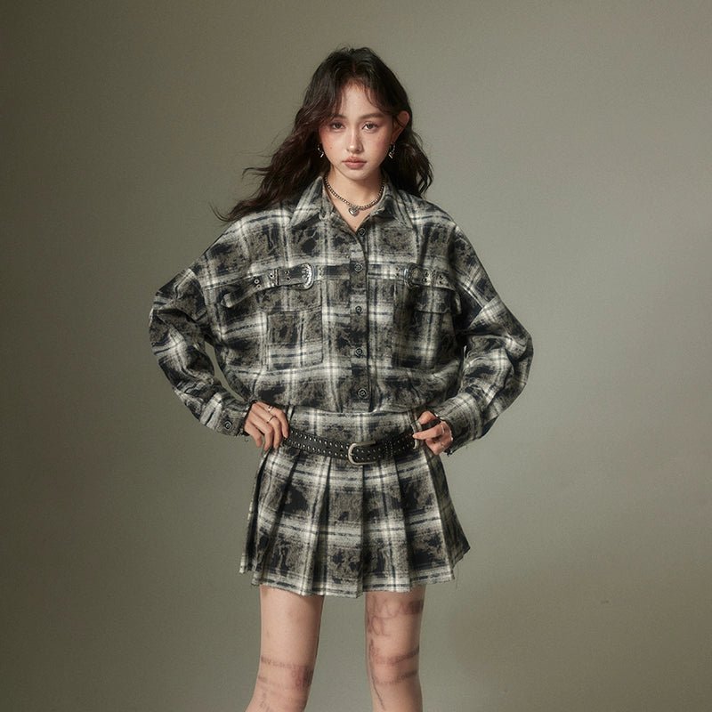カラーチェック柄シャツ+プリーツスカートセット - grimoire