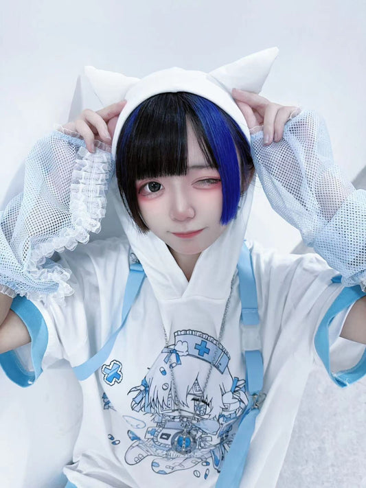 水色界隈 天使界隈 ネコ耳のフード付き半袖パーカー 薄手素材 - grimoire