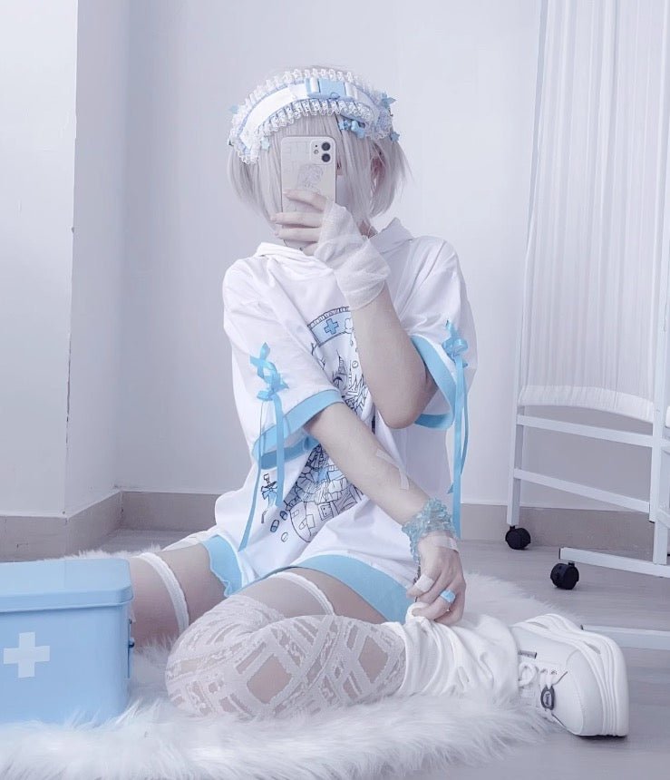 水色界隈 天使界隈 ネコ耳のフード付き半袖パーカー 薄手素材 - grimoire