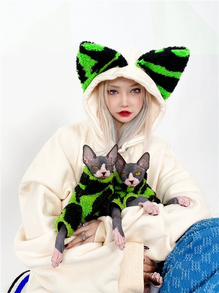 ネオンカラーネコ耳フード付き スフィンクス 猫プリントスウェット - grimoire