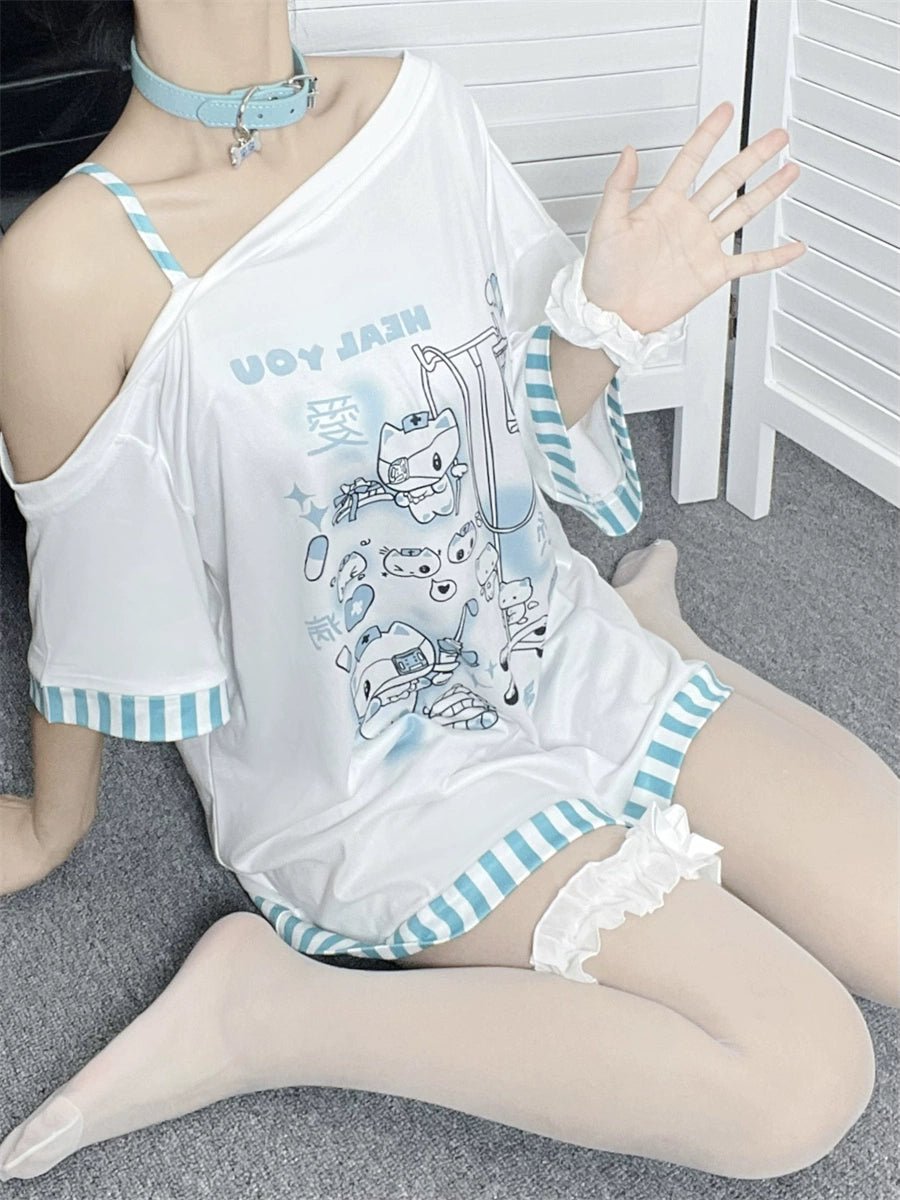 天使界隈 オフショルストライプトリミング 半袖トップス - grimoire