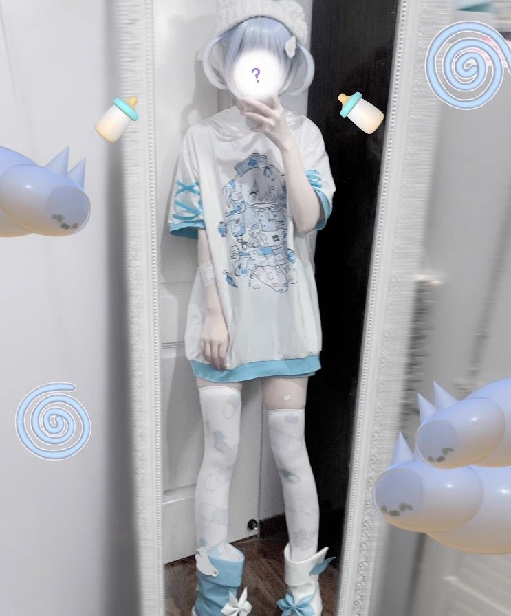 水色界隈 天使界隈 ネコ耳のフード付き半袖パーカー 薄手素材 - grimoire
