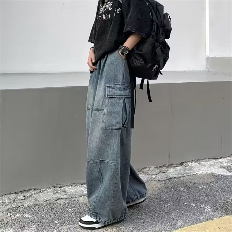 ヴィンテージ加工デニム ワイドデニムパラシュートカーゴパンツ サイドポケット裾ドローコード - grimoire