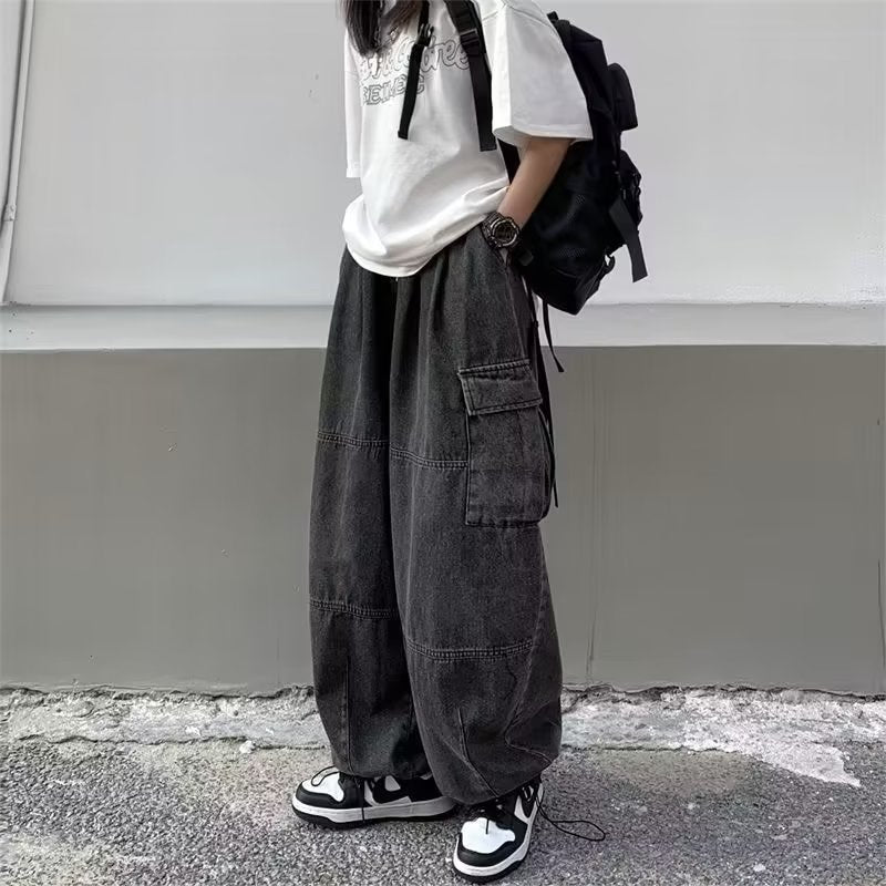 ヴィンテージ加工デニム ワイドデニムパラシュートカーゴパンツ サイドポケット裾ドローコード - grimoire
