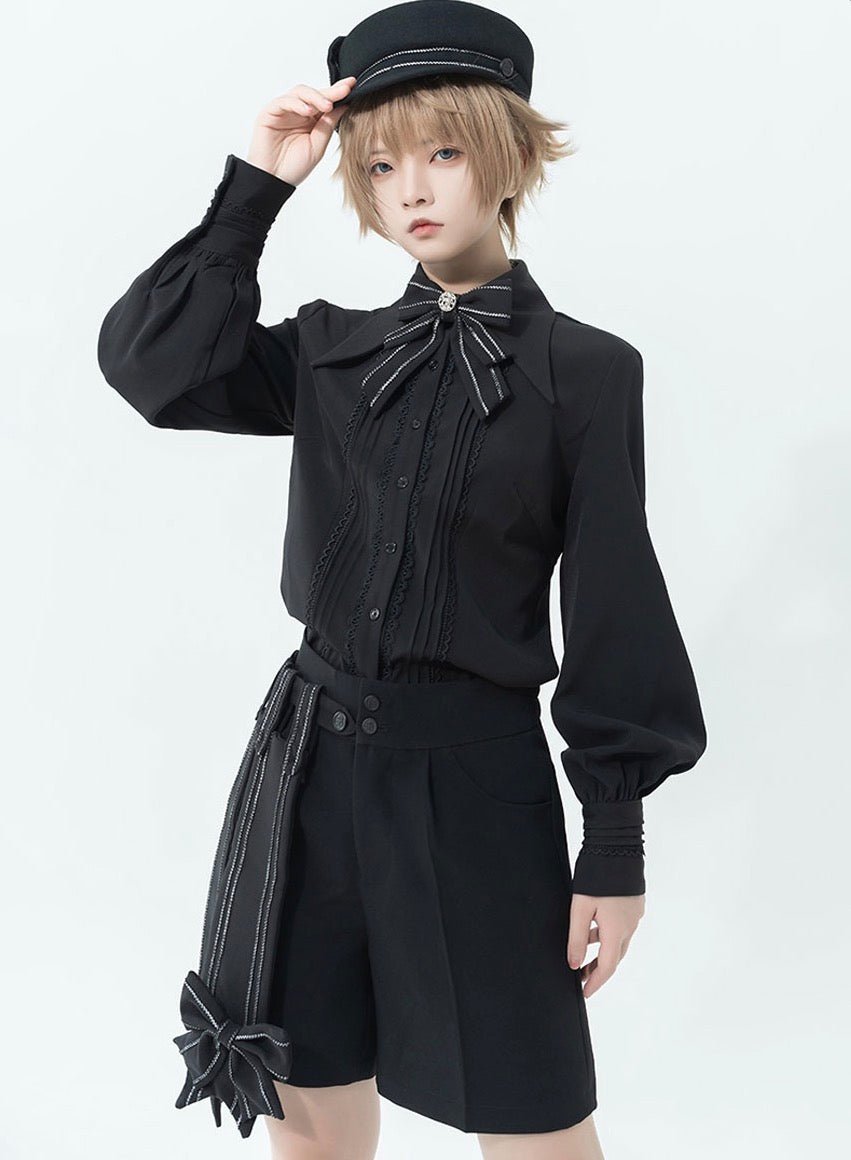 皇子系 リボン付きストレートハーフパンツ 黒 - grimoire