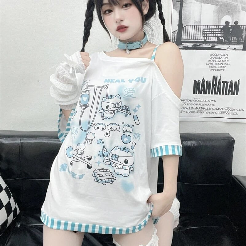 天使界隈 オフショルストライプトリミング 半袖トップス - grimoire