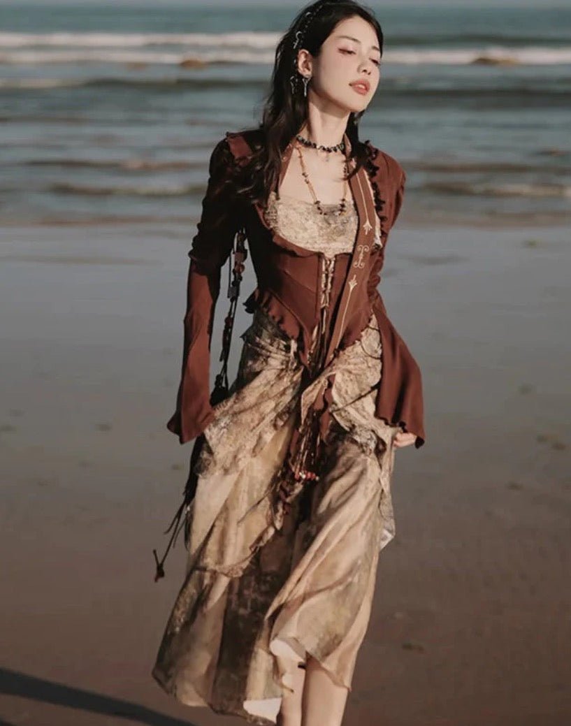 大地のドレス 遊牧民の陽炎 プリントレースキャミソール - grimoire