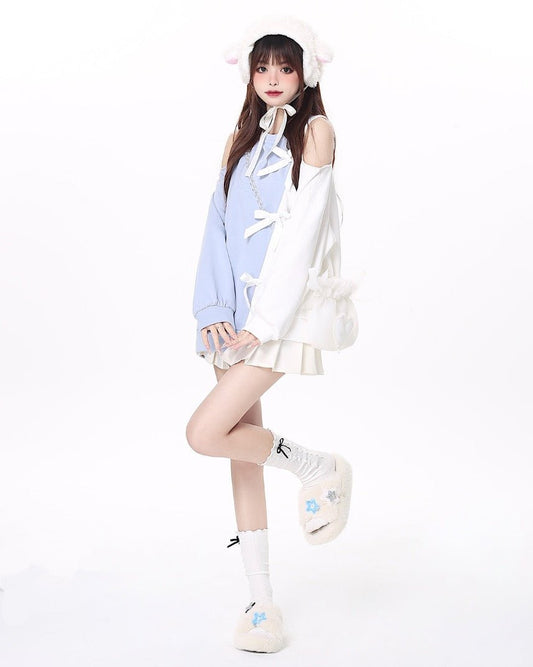 天使界隈 可憐さを秘めたオフショルリボン水色界隈プルオーバー 地雷系黒 - grimoire