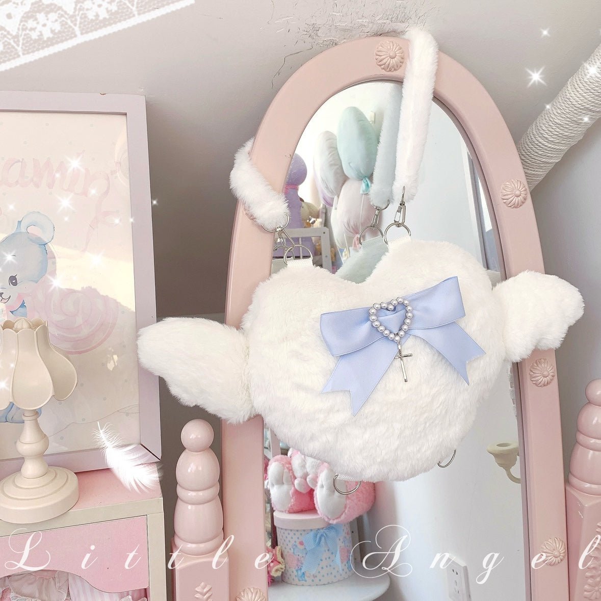 angel backpack with mini wings Angel Neighborhood Fluffy angel wings and heart shaped mini backpack
