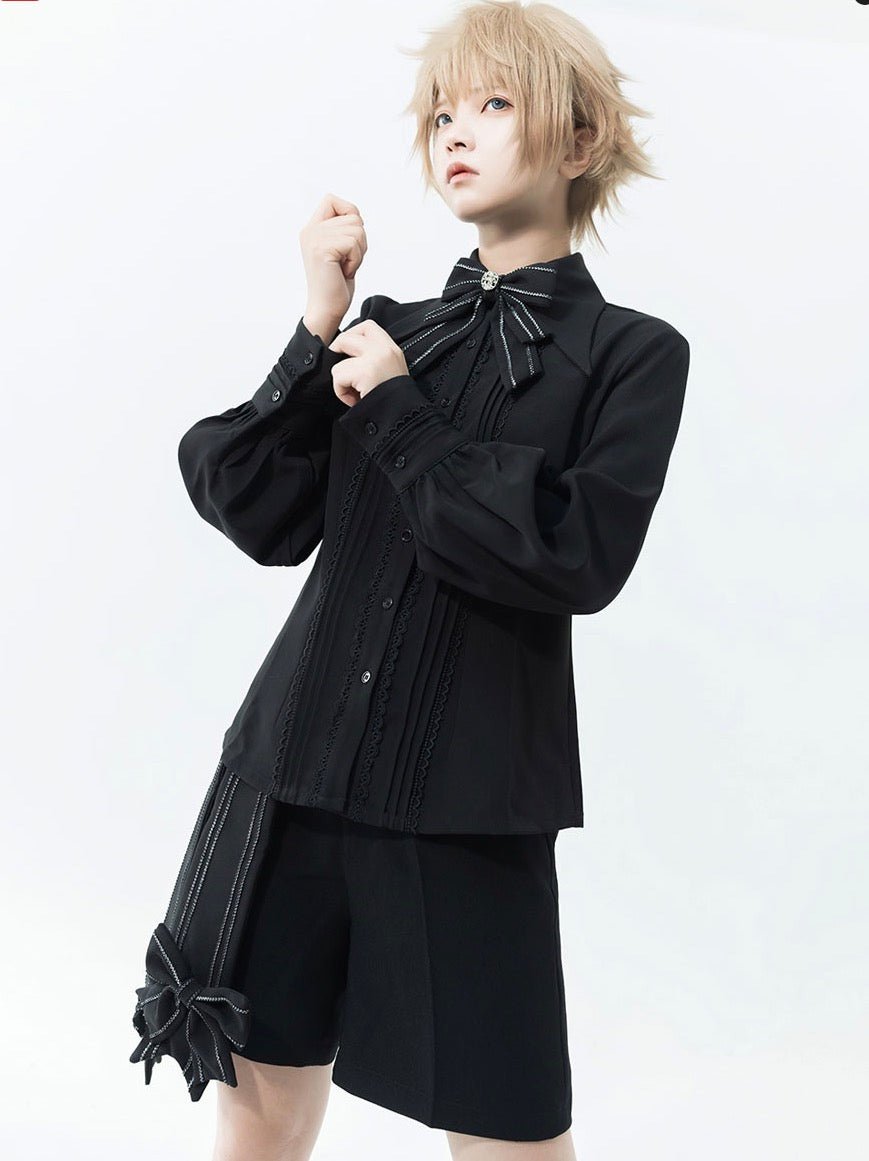 皇子系 リボン付きストレートハーフパンツ 黒 - grimoire
