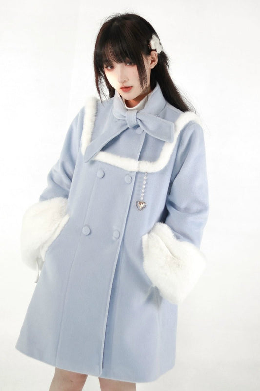 ファートリミングのシーソルトブルーワンピとコートのセットアップ 水色界隈 - grimoire