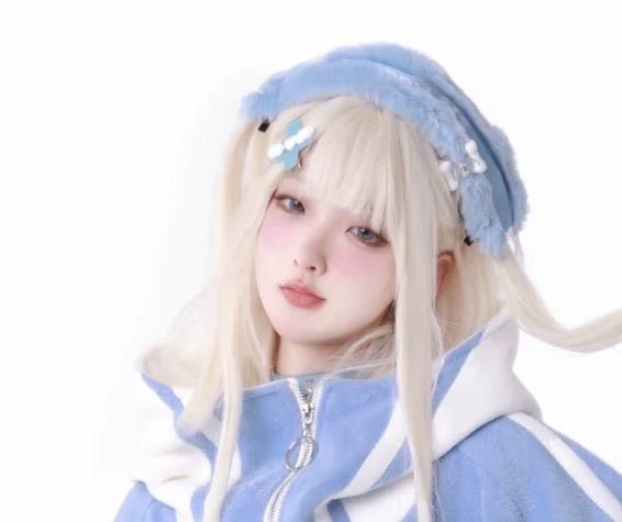 ふあもこ水色界隈 ハイネックフードのフリースパーカーセットアップ 天使界隈 - grimoire