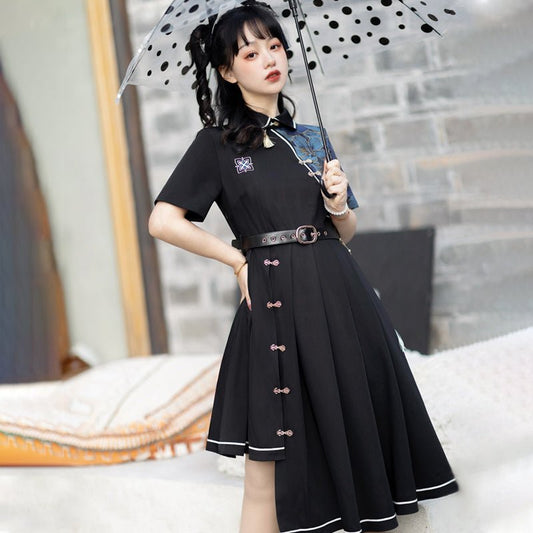 暗闇に花咲くアシンメトリーチャイナワンピースドレス - grimoire