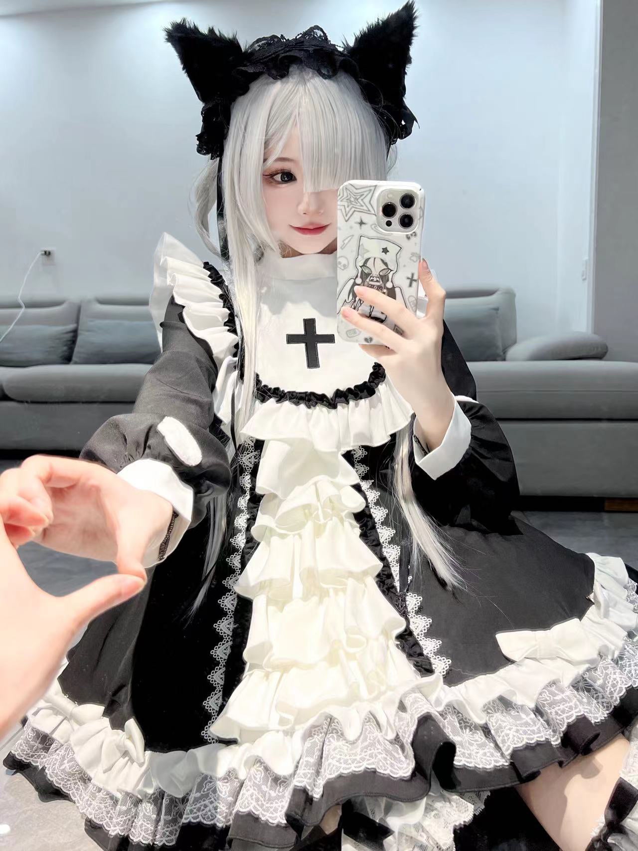 黒と白のゴシック修道女 ロリータショートドレス - grimoire