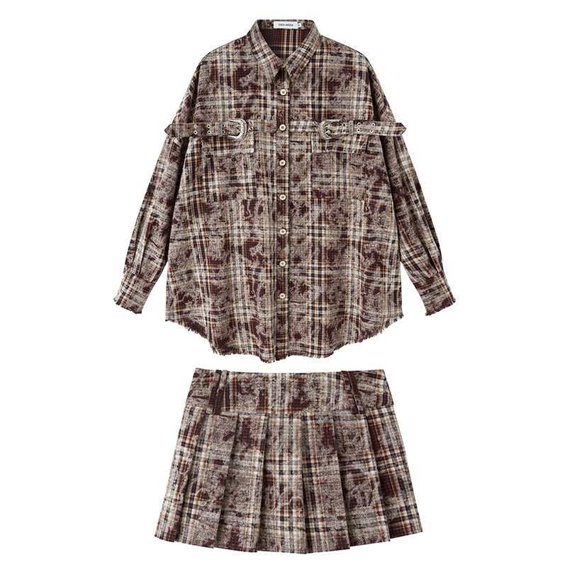 カラーチェック柄シャツ+プリーツスカートセット - grimoire