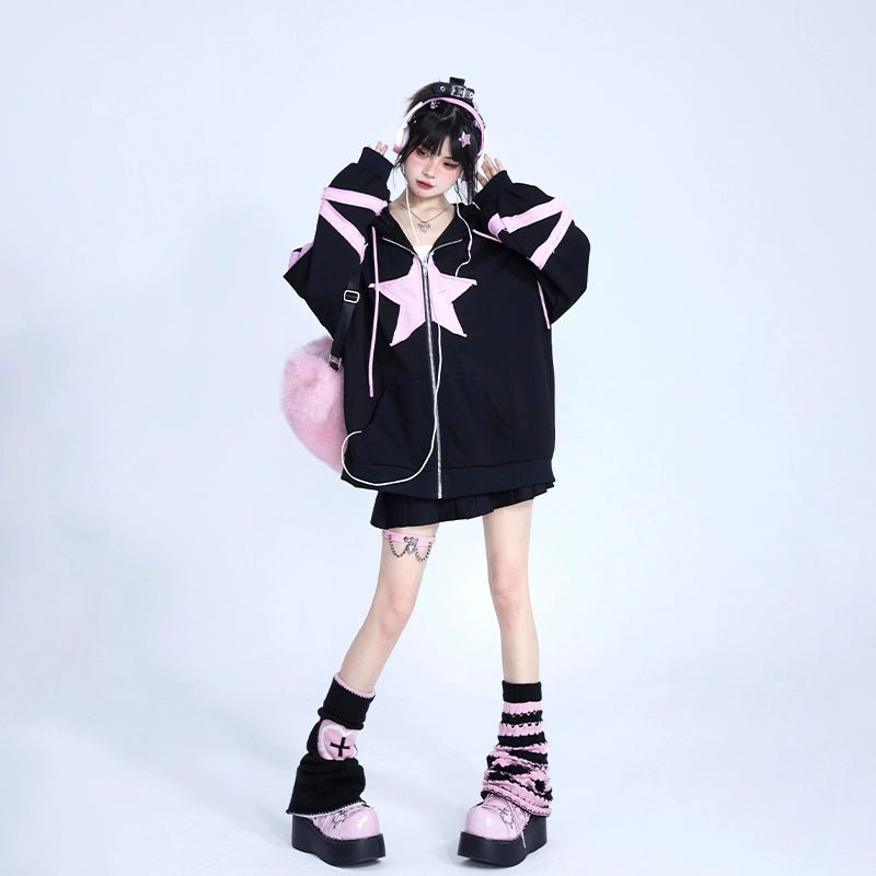 星とリボン ピンクのパッチワークパーカー - grimoire