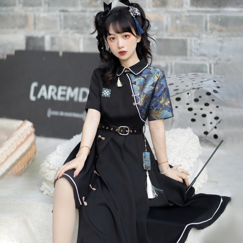 暗闇に花咲くアシンメトリーチャイナワンピースドレス - grimoire