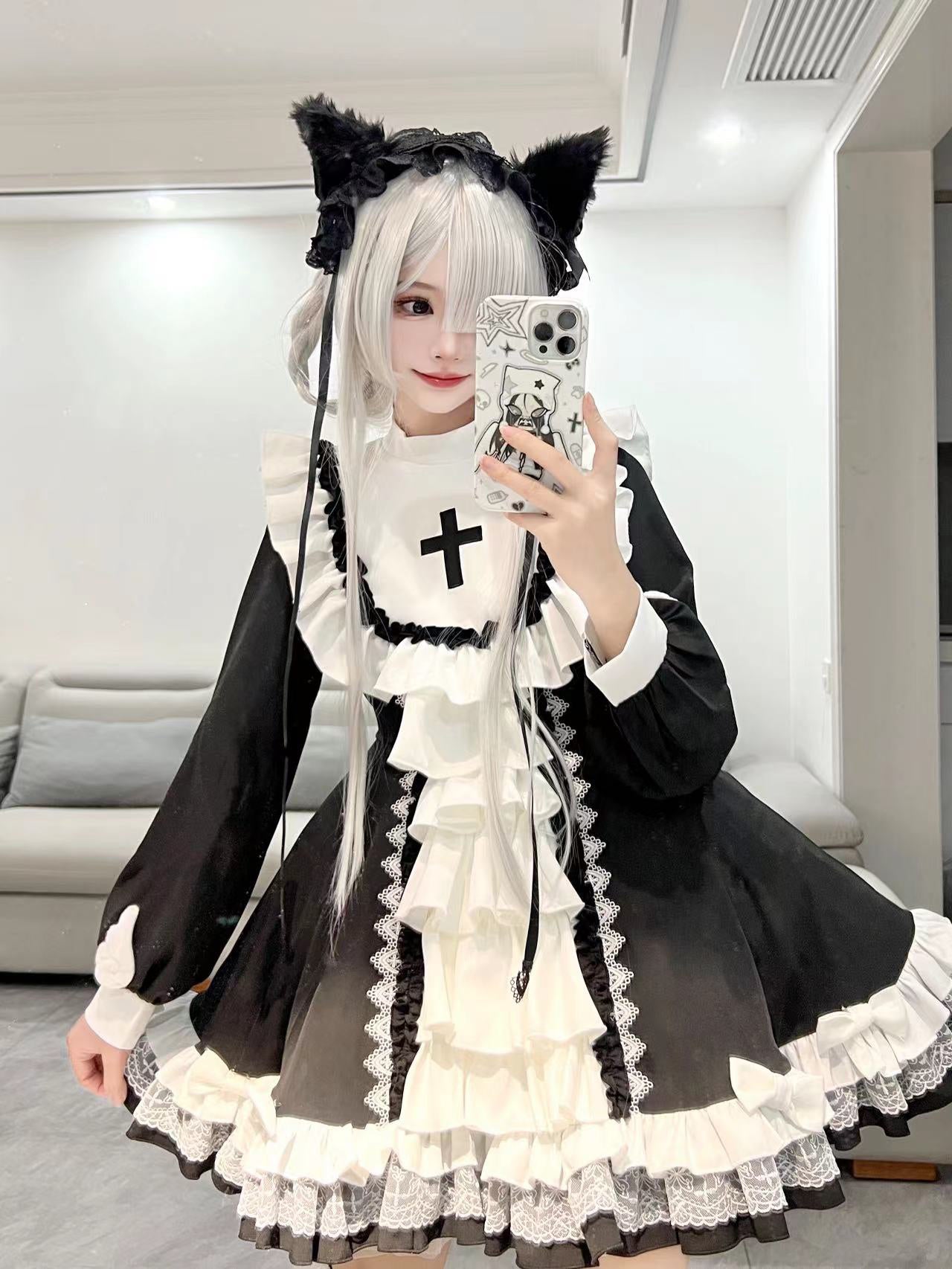 黒と白のゴシック修道女 ロリータショートドレス - grimoire