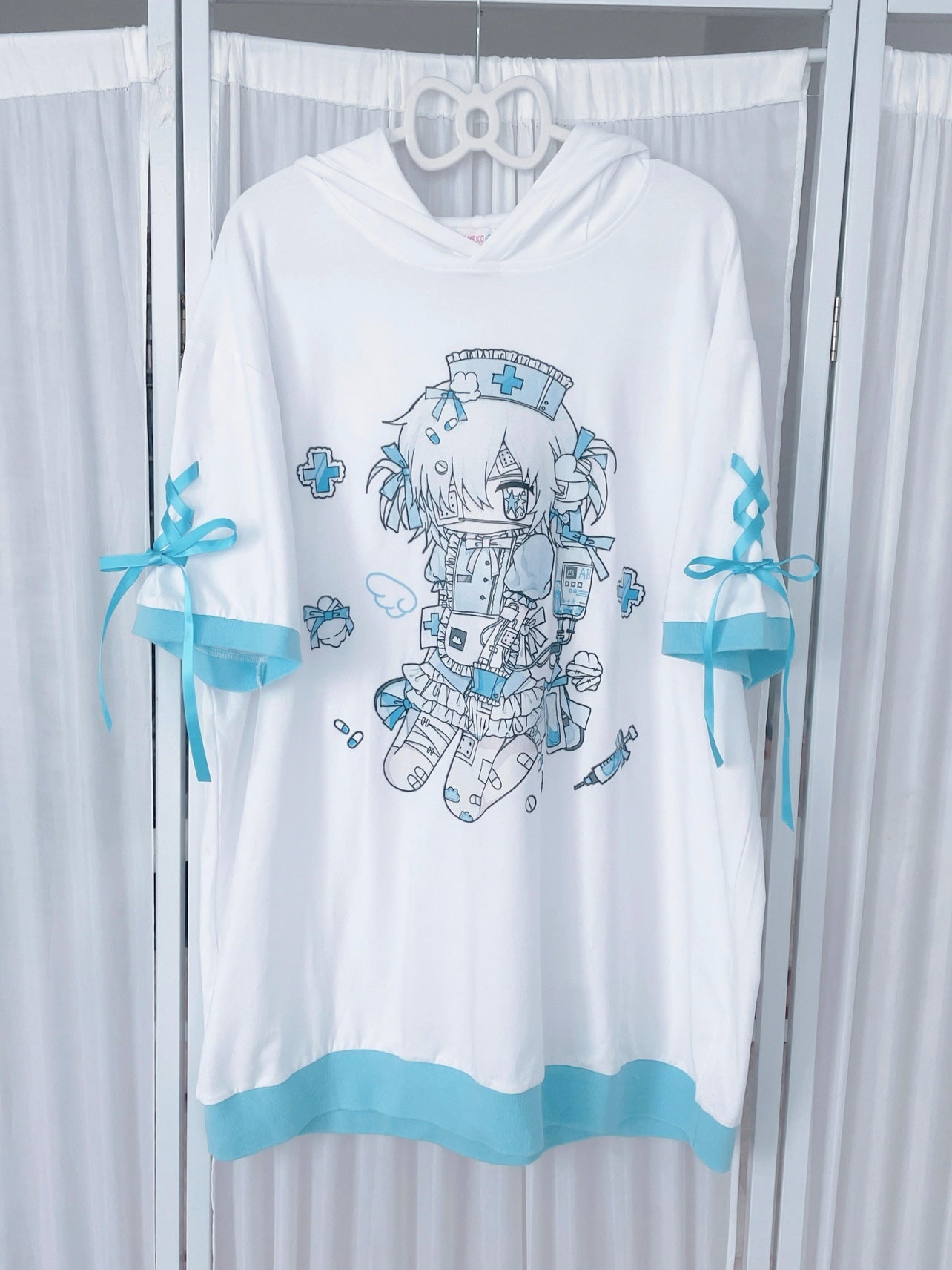 水色界隈 天使界隈 ネコ耳のフード付き半袖パーカー 薄手素材 - grimoire