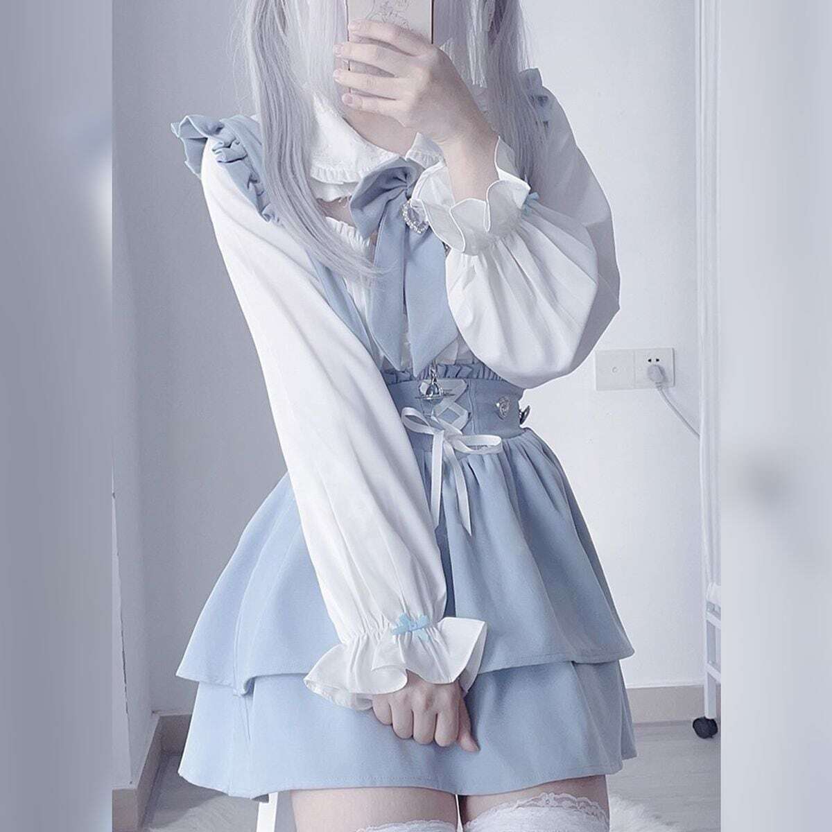 水色界隈 ビッグリボンのサスペンダースカートスクールガールセットアップ - grimoire