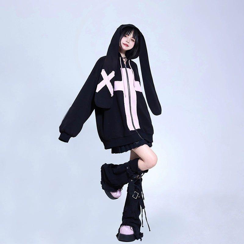 うさみみ クロス アップリケ オーバーサイズ ジップ パーカー - grimoire