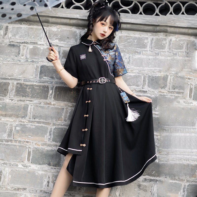 暗闇に花咲くアシンメトリーチャイナワンピースドレス - grimoire